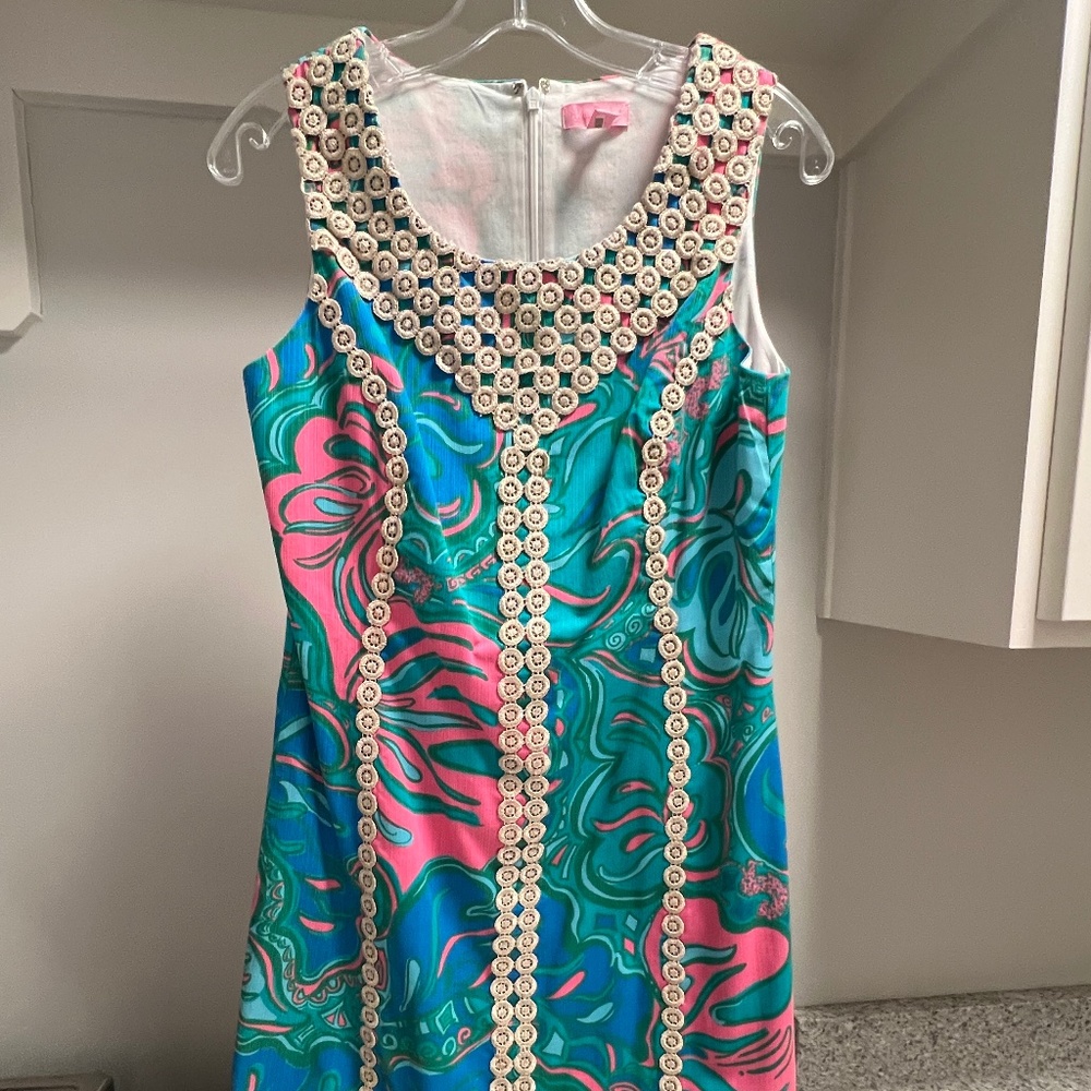 Sleeveless Turquoise & Pink Swirl Shift Dress with Embellished Trim